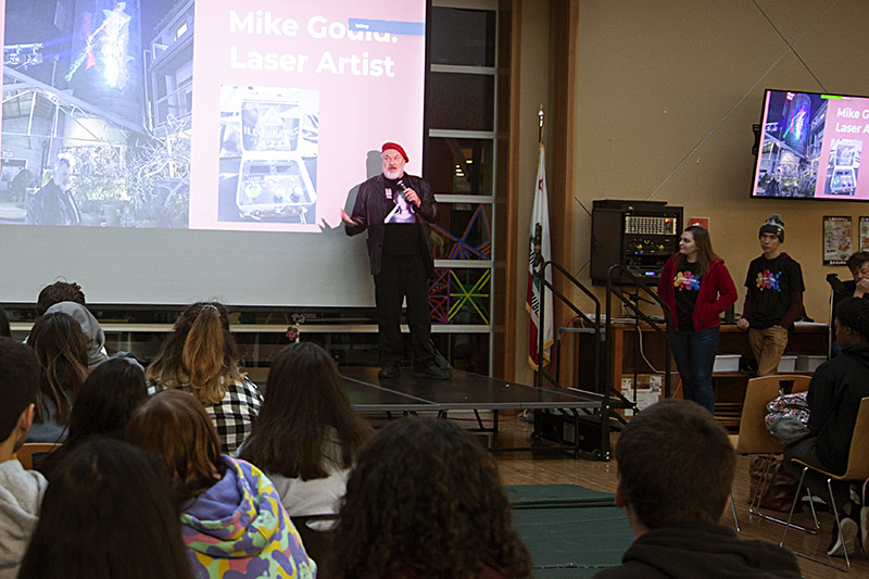 Mike Gould speaking before a high school audience