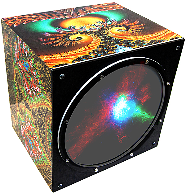 Alien Black Box; 12 inch cube art object covered with fractal designs and lit from within with laser lumia